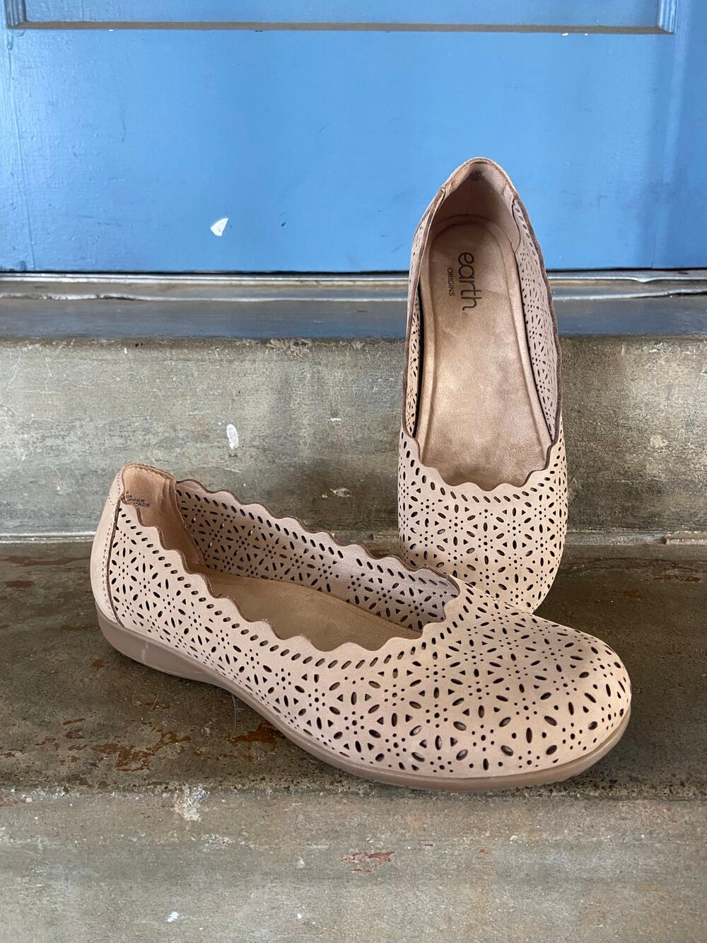 Earth Origins Bria taupe perforated leather ballet style flat w/ comfort footbed